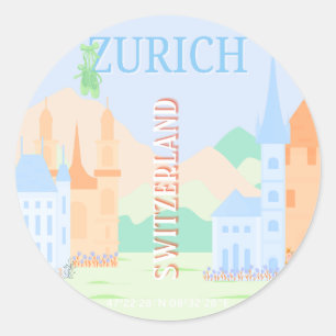 Zurich Travel Art, Schweiz, Blue Retro Travel Runder Aufkleber