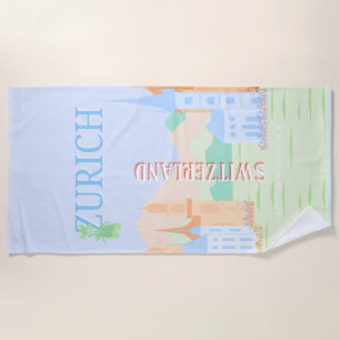 Zurich Travel Art, Schweiz, Blue Retro Travel Strandtuch