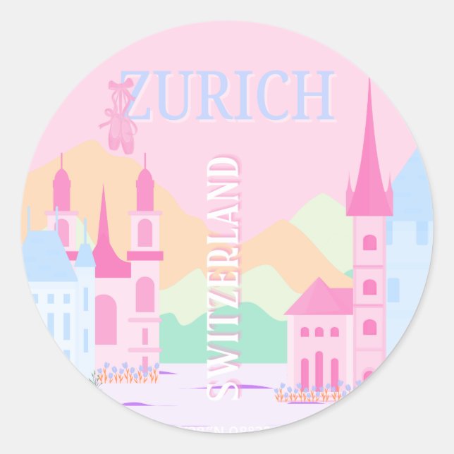 Zurich Travel Art, Schweiz, Pink Preppy Runder Aufkleber (Vorderseite)