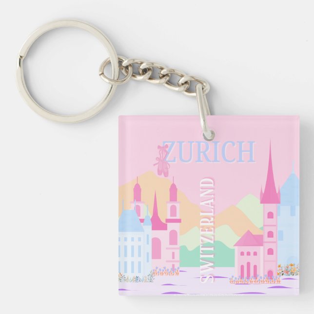 Zurich Travel Art, Schweiz, Pink Preppy Schlüsselanhänger (Vorderseite)