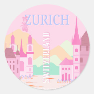 Zurich Travel Art, Schweiz Reisen Kunst, Rosa Runder Aufkleber