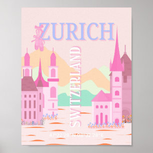 Zurich Travel Art, Schweiz, Rosa Retro Travel Poster