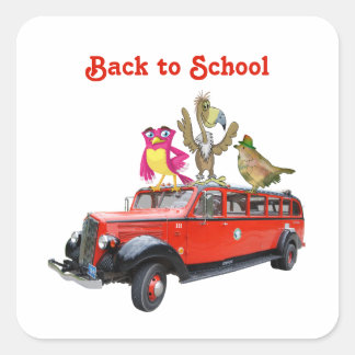 Zurück zum Schulfreund-Cartoon - Vogelfahrbus Quadratischer Aufkleber