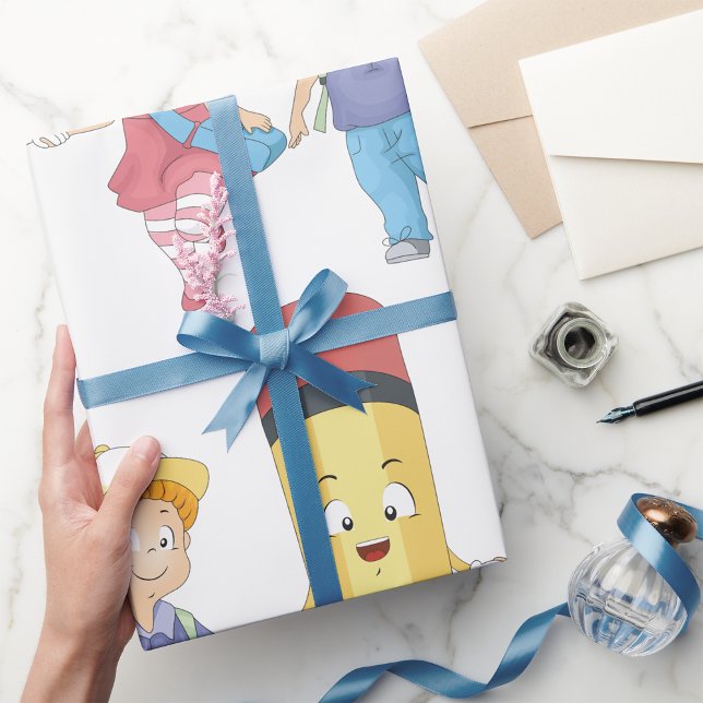 Zurück zur Schule Cartoon Happy Pencil und Kids Geschenkpapier (Von Creator hochgeladen)