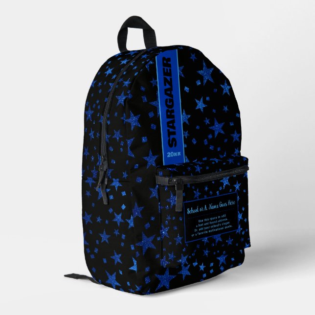 Zurück zur Schule Imitats Blue Glitzer Starnight Bedruckter Rucksack (Rückseitige Ecke links)