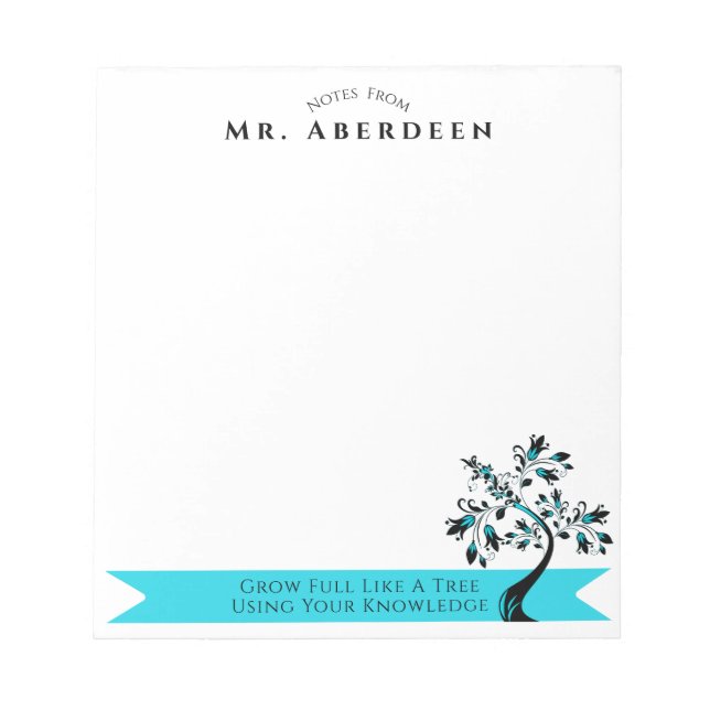 Zurück zur Schule Lehrer Blue Floral Tree Custom Notizblock (Vorderseite)