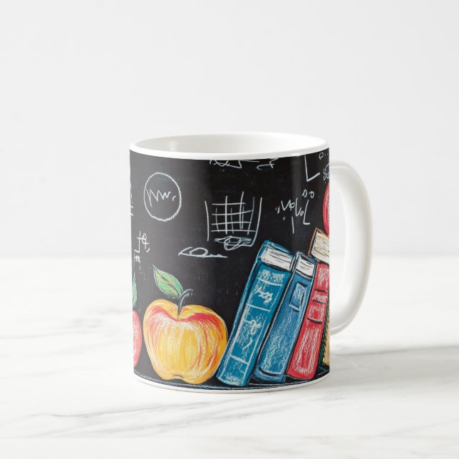 Zurück zur Schule mit farbenfrohen Büchern, Äpfeln Kaffeetasse (VorderseiteRechts)