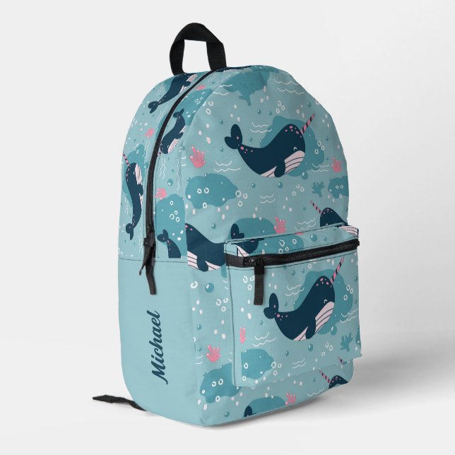 Zurück zur Schule - Niedlicher Narwal Personalisie Bedruckter Rucksack (Rückseitige Ecke links)