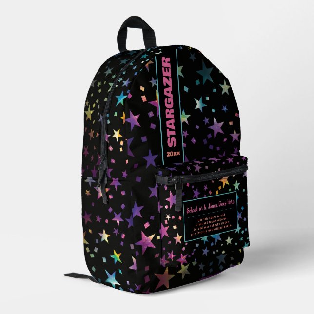 Zurück zur Schule Rainbow Pastell Glitzer Starry N Bedruckter Rucksack (Rückseitige Ecke links)