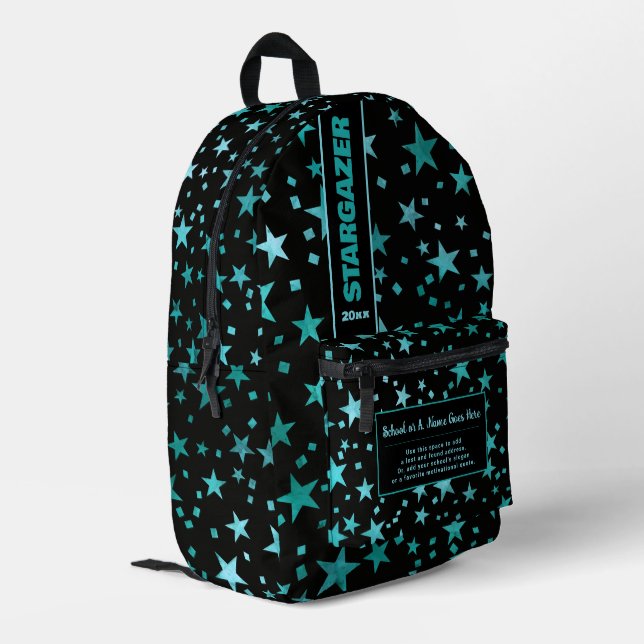 Zurück zur Schule Türkis Blue Black Starnight Bedruckter Rucksack (Rückseitige Ecke links)