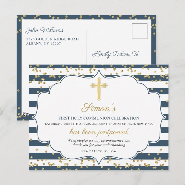 Zurückgestellte Ankündigung Gold Blue First Commun Postkarte (Vorne/Hinten)