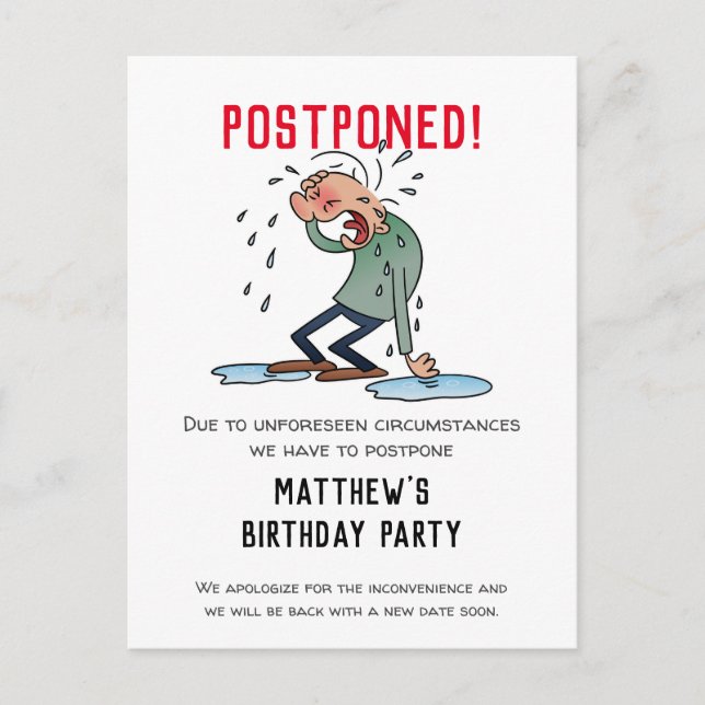 Zurückgestellte Party Stornierung Cartoon Spaß Postkarte (Vorderseite)