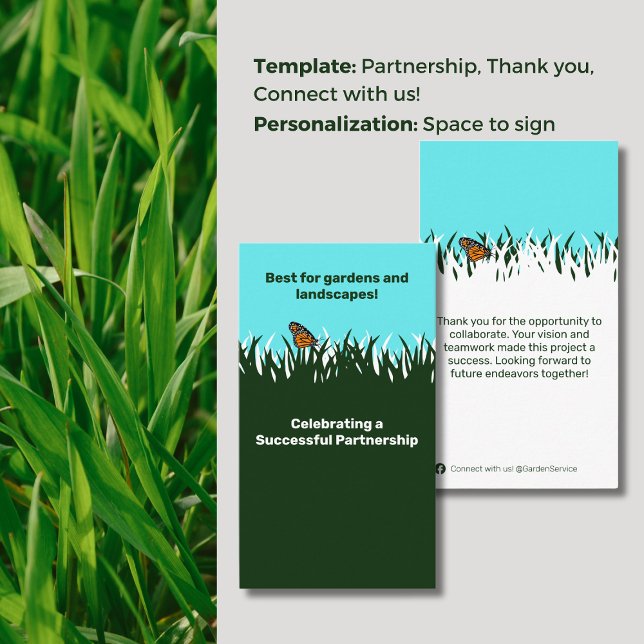 Zusammenarbeit der Natur: Schmetterling im Rasen D Visitenkarte (Nature's Collaboration: Lawn Butterfly Thank You Business Card, Space for Signature,Tagline, Connect)