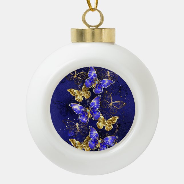Zusammensetzung mit Sapphire-Schmetterlingen Keramik Kugel-Ornament (Vorderseite)