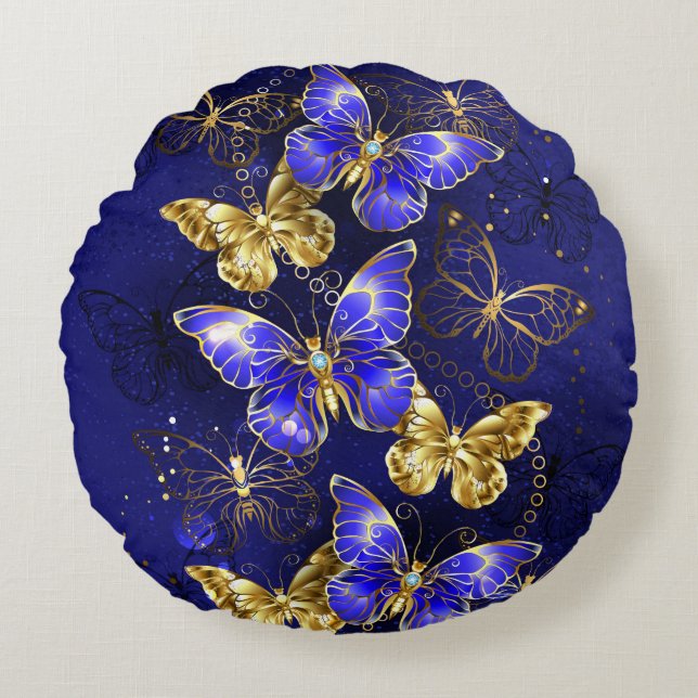 Zusammensetzung mit Sapphire-Schmetterlingen Rundes Kissen (Vorderseite)