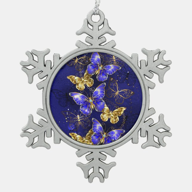Zusammensetzung mit Sapphire-Schmetterlingen Schneeflocken Zinn-Ornament (Vorderseite)