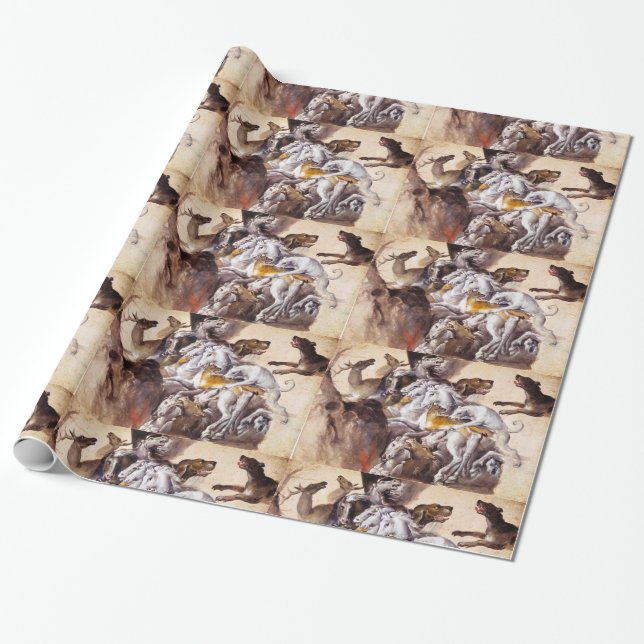 ZUSAMMENSETZUNG MIT TIEREN, HÄNDLER, HUNDEN, HÄNDE GESCHENKPAPIER (Ungerollt)