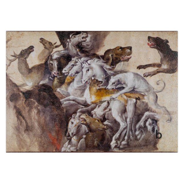 ZUSAMMENSETZUNG MIT TIEREN, HÄNDLER, HUNDEN, HÄNDE SCHNEIDEBRETT (Vorderseite)