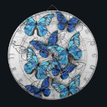 Zusammensetzung von White und Blue Butterflies Dartscheibe<br><div class="desc">Vertikale Zusammensetzung von Realität,  Blue and White Morpho Butterflies on gray textured background. Morpho blue butterfly.</div>