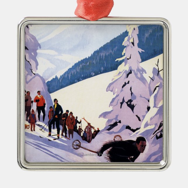 Zuschauer, die Skifahrer-Plakat aufpassen Silbernes Ornament (Vorne)