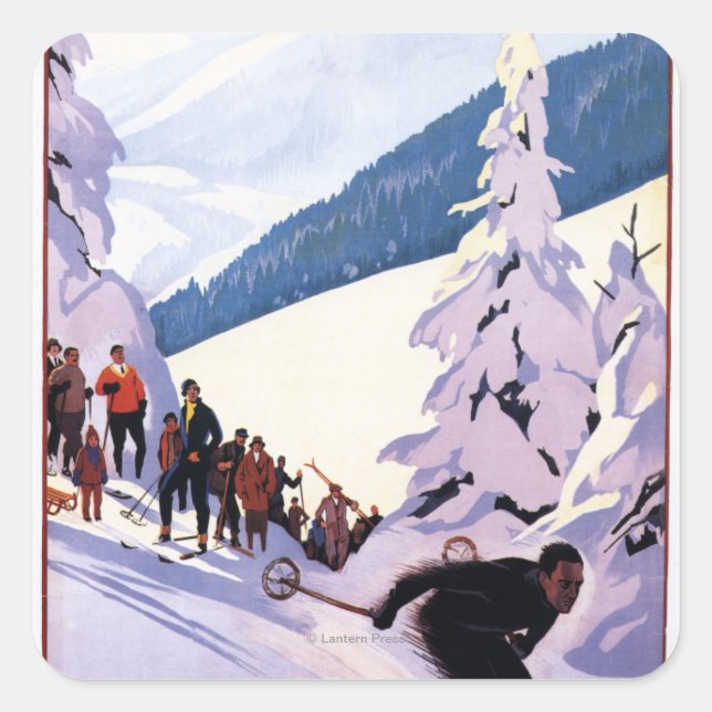 Zuschauer schauen Skier-Poster Quadratischer Aufkleber (Vorderseite)