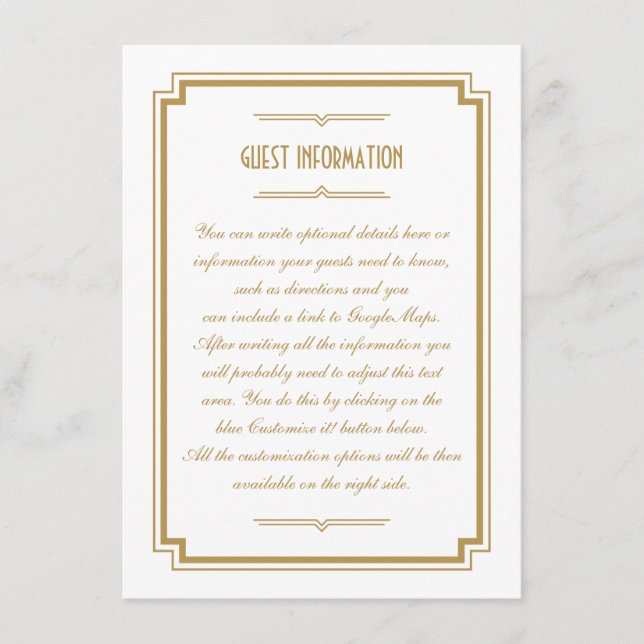 Zwanziger Art Deco Gold Rahmen Hochzeitkarte Begleitkarte (Vorderseite)