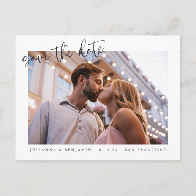 Zwei 2 Foto Minimalistisches Skript Save the Date Postkarte (Vorderseite)