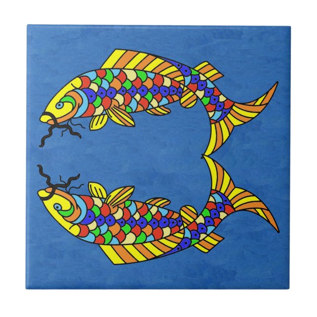 Zwei Abstrakte Extravagante Fische auf Deep Blue Fliese (Vorderseite)