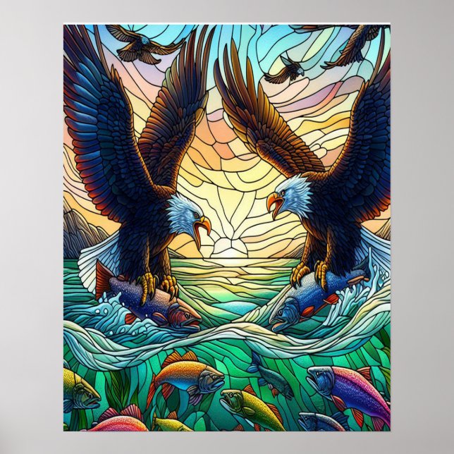 Zwei Adler mit Balden fangen Fisch über Wasser 16x Poster (Vorne)