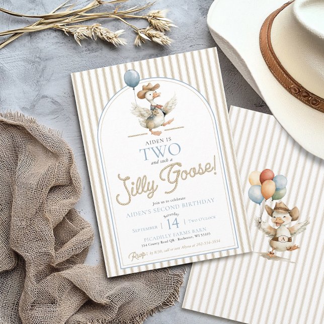 ZWEI Albern Gänse Cowboy Western Junge 2. Geburtst Einladung (TWO Silly Goose modern western wild west neutral ticking pinstripe 2nd birthday party invitation )