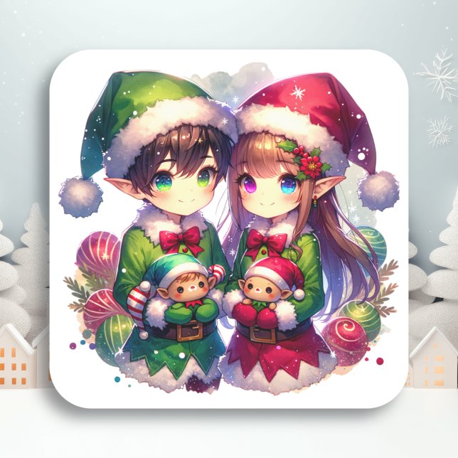 Zwei Anime Elves | Niedliche Weihnachten Quadratischer Aufkleber (Von Creator hochgeladen)