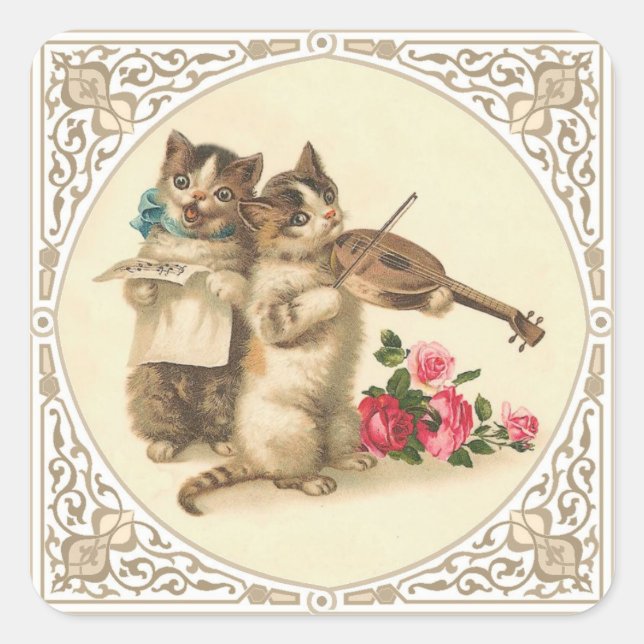 Zwei anthropomorphe Kätzchen spielen Musik Quadratischer Aufkleber (Vorderseite)