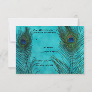 Zwei Aqua Peacock Feathers Wedding RSVP Cards Karte
