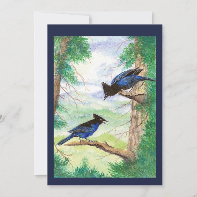 Zwei Aquarellbäume Stellar Jay Vogelwald Bäume Karte (Vorderseite)