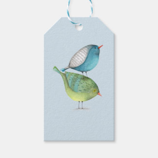 Zwei Aquarellblau und grüne Vögel Geschenkanhänger