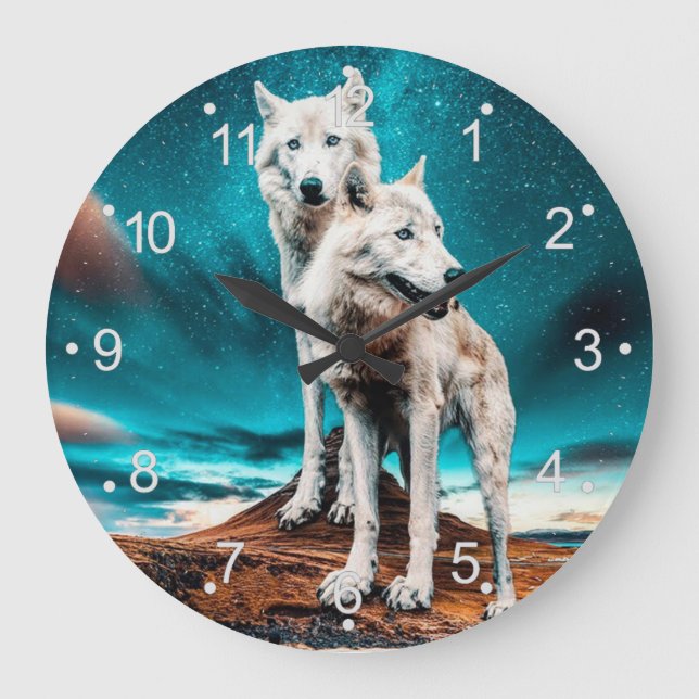 Zwei arktische Wölfe Große Wanduhr (Vorderseite)