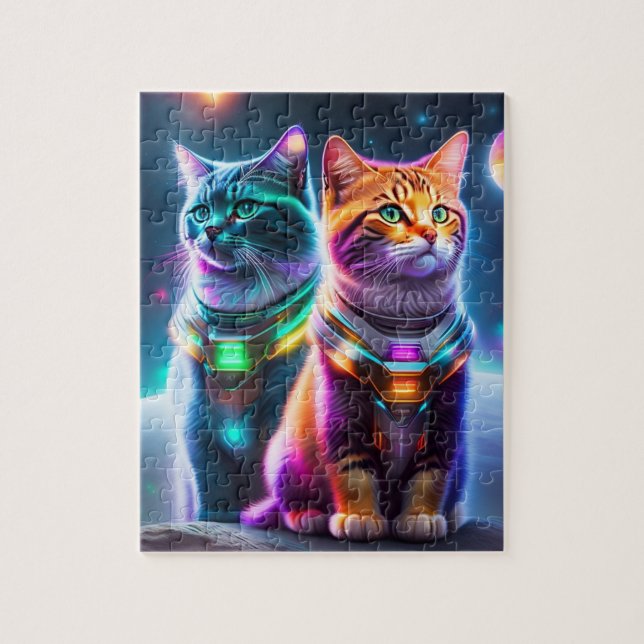 Zwei Astronautenkatzen leuchten farbige Katzen (Vertikal)