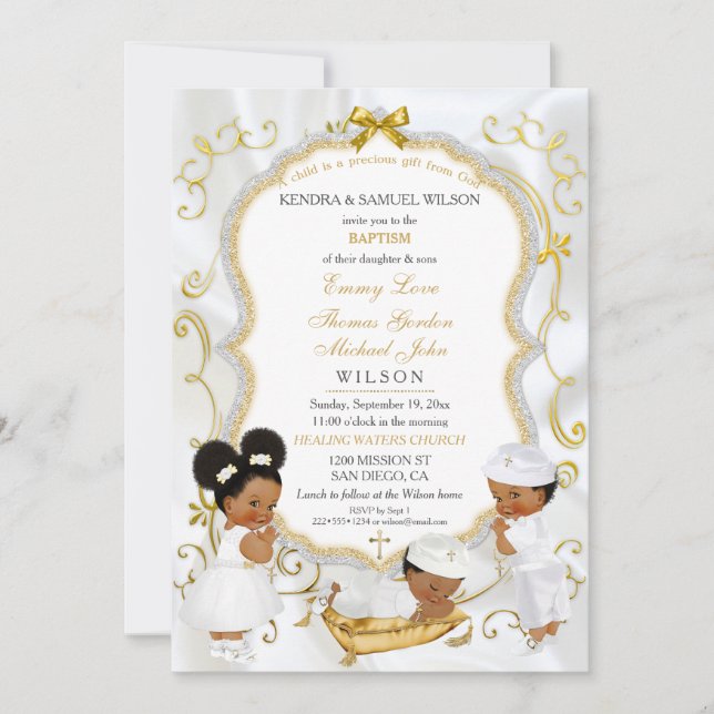 Zwei Baby Boys & Girl Taufe Christening Gold Einladung (Vorderseite)