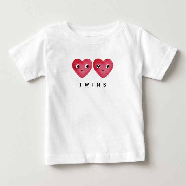 Zwei Babys Zwei Aquarellfarben Rote Herzen lächeln Baby T-shirt (Vorderseite)