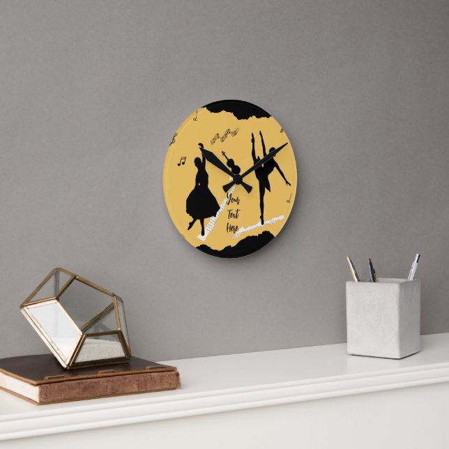 Zwei Balletttänzer und Musik in goldener Beige Far Runde Wanduhr (Büro)