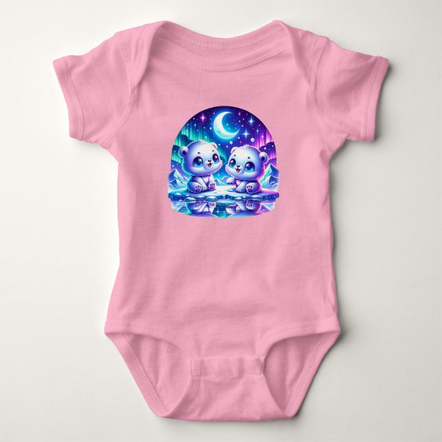 Zwei Bärenjungen spielen unter den Nordlichtern Baby Strampler (Vorderseite)