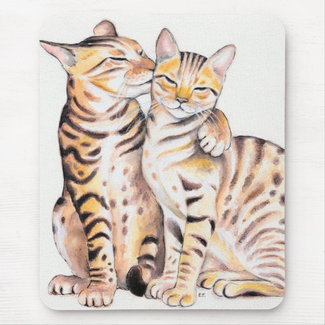 Zwei Bengalische Katzen Wasserfarben Kunst Mousepad (Vorne)