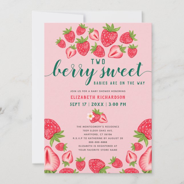 Zwei Berry Sweet Babies Twin Strawberry Baby Dusch Einladung (Vorderseite)