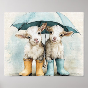 Zwei bezaubernde Babyziegen an einem Regentag Poster