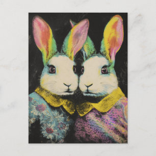 Zwei bezaubernde farbenfrohe Kaninchen in blühende Postkarte