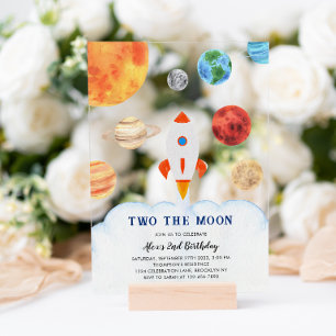 ZWEI BIS ZUM MOND Weltraum-Rakete Kindergeburtstag Acryleinladungen
