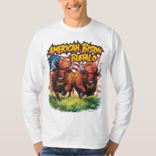 Zwei Bison Stehend vor amerikanischer Flagge T-Shirt