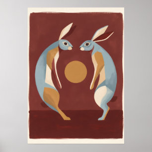 Zwei blaue Hasen Mond aus Gold Moderne Volkskunst Poster