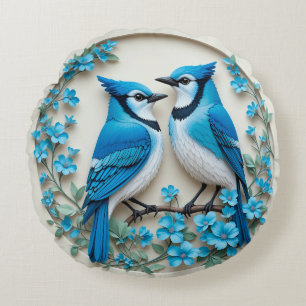Zwei blaue Jay, die auf einer Zweigstelle stehen Rundes Kissen