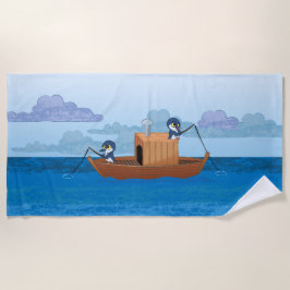 Zwei blaue Pinguine fischen Strandtuch